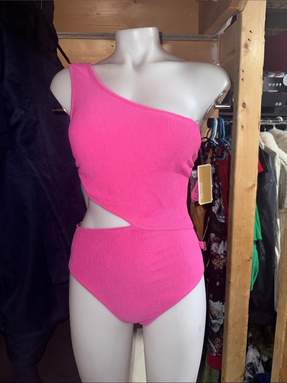 Michael Kors Hot Pink Ribbed One-Shoulder swimsuit